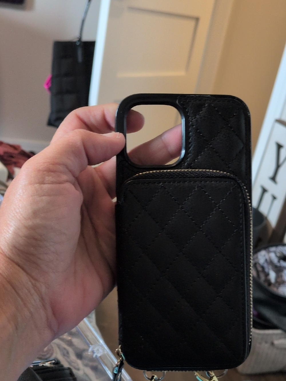Quilted Black Zipper Phone Case with Card Pocket - Compatible Cell Accessory - Picture 1 of 4